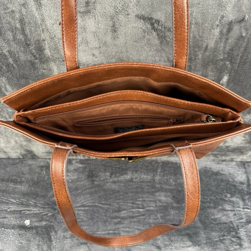 Bueno Brown Satchel Top Handle Bag Faux Leather Croc Embossed Gold Tone Hardware